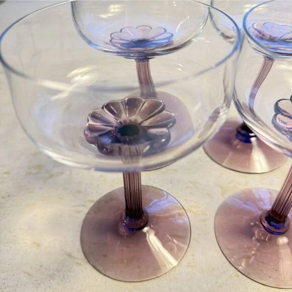 Set Of 4 Vtg. Fostoria Corsage Plum Purple Flower Stem Crystal Champagne Glasses